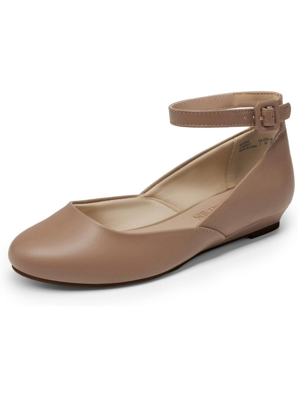 Women's Nude Leather Comfortable Ballet Low Wedge Round Toe Ankle Strap Flats